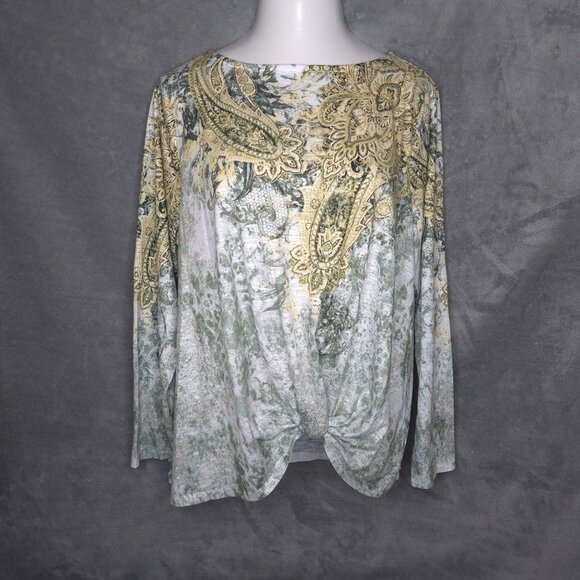 Time And Tru Womens Top XXL Paisley Print Long Sleeve Shirt Front Knot - Picture 2 of 5